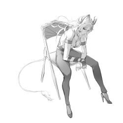 1girl absurdres arm_strap bare_shoulders breasts choker closed_mouth commentary curled_horns giroro_(rshc7577) greyscale high_heels highres horns large_breasts leaning_forward long_hair looking_at_viewer mole mole_on_breast mole_under_eye monochrome necktie_around_wrists on_chair pants red_eyes shirt simple_background sitting solo spot_color tail white_background wuthering_waves zani_(wuthering_waves)