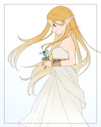 1girl bare_shoulders blonde_hair blue_flower bracelet closed_mouth commentary_request dress feet_out_of_frame flower green_eyes highres holding holding_flower jewelry long_hair maya_(mayamayammy) nintendo pointy_ears princess_zelda signature silent_princess solo strapless strapless_dress the_legend_of_zelda the_legend_of_zelda:_breath_of_the_wild white_background white_dress
