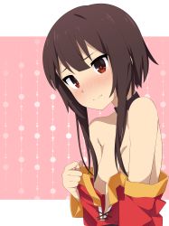 1girl absurdres blush breasts brown_hair collar erinite02 hair_censor hair_over_breasts highres kono_subarashii_sekai_ni_shukufuku_wo! megumin off_shoulder red_eyes shirt_down shirt_hold short_hair_with_long_locks simple_background small_breasts solo wavy_mouth