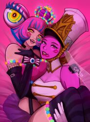 2girls anto_marie black_gloves blue_hair breasts bridal_veil brown_hair choker cleavage crazyanime3 crown dominatrix elbow_gloves gloves hat highres hiiragi_alice large_hat majorette_hat medium_breasts multicolored_hair multiple_girls persona persona_5 persona_5_scramble:_the_phantom_strikers persona_5_tactica pink_hair purple_crown red_lips streaked_hair veil yellow_eyes yuri