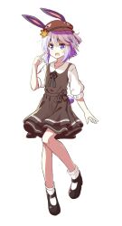 Rule 34 | 1girl, :d, alternate costume, animal ears, ankle socks, autumn leaves, black ribbon, black shoes, blue eyes, blue hair, blush, brown dress, brown hat, chaakusu, collared shirt, commentary request, corriente (show by rock!!), dress, full body, half updo, hand up, hat, leaf, mary janes, medium dress, newsboy cap, open mouth, pigeon-toed, pinafore dress, rabbit ears, rabbit girl, rabbit tail, ribbon, shirt, shoes, short hair, show by rock!!, simple background, sleeve cuffs, sleeveless, sleeveless dress, smile, socks, solo, standing, tail, white background, white shirt, white socks