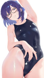 1girl a-chan_(hololive) arm_behind_head armpit_crease armpits black-framed_eyewear blue_eyes blue_one-piece_swimsuit breasts cohi27151463 covered_navel cowboy_shot glasses groin hair_in_own_mouth highres hololive looking_at_viewer one-piece_swimsuit paid_reward_available parted_lips purple_hair purple_nails short_hair small_breasts swimsuit virtual_youtuber