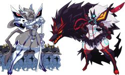 2girls 6+others absurdres breasts cleavage cosplay crossover cyberlord1109 furry furry_female grey_fur grey_hair highres junketsu kill_la_kill kindred_(league_of_legends) kiryuuin_satsuki kiryuuin_satsuki_(cosplay) lamb_(league_of_legends) large_breasts league_of_legends living_clothes mask matoi_ryuuko matoi_ryuuko_(cosplay) microskirt multiple_crossover multiple_girls multiple_others pseudoregalia revealing_clothes scissor_blade_(kill_la_kill) senketsu skirt suspenders sybil_(pseudoregalia) tail thick_thighs thighhighs thighs trait_connection underboob white_fur white_hair wide_hips wolf wolf_(league_of_legends)
