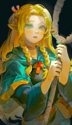 1girl absurdres ambrosia_(dungeon_meshi) aqua_eyes belt_pouch black_background blonde_hair blue_capelet blue_robe blush braid braided_sidelocks capelet choker dungeon_meshi elf highres holding holding_staff hood hooded_capelet long_hair long_sleeves looking_at_viewer marcille_donato multiple_braids parted_lips pointy_ears pouch red_choker robe simple_background solo staff uu0000322