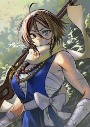 Rule 34 | 1girl, ahoge, asamitsu (n morninglight), bandaged arm, bandages, bare shoulders, bead necklace, beads, blue shirt, breasts, brown eyes, brown hair, fate/grand order, fate (series), gun, hair between eyes, highres, jewelry, large breasts, looking at viewer, musket, necklace, parted bangs, prayer beads, sarashi, sash, scar, scar on face, scar on nose, scarf, shirt, short hair, sleeveless, solo, sugitani zenjubou (fate), sugitani zenjubou (first ascension) (fate), weapon, yellow scarf