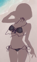 1girl absurdres beach bikini black_bikini dressed_shadow_(meme) highres hololive implied_nudity meme ocean shadow short_hair side-tie_bikini_bottom solo swimsuit tokoyami_towa v virtual_youtuber zellam