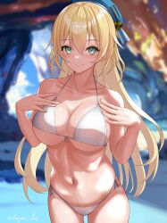 1girl absurdres alternate_costume atago_(kancolle) beret bikini blonde_hair blue_hat blurry blurry_background breasts cowboy_shot dangan_kurabu front-tie_bikini_top front-tie_top green_eyes hair_between_eyes hat highres kantai_collection large_breasts long_hair looking_at_viewer navel side-tie_bikini_bottom smile solo standing swimsuit very_long_hair white_bikini