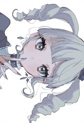 1girl aikatsu! aikatsu!_(series) blush collar covering_own_mouth dot_nose drill_hair earrings expressionless frills green_eyes guri_(artist) jewelry looking_at_viewer medium_hair portrait sideways simple_background solo spiked_collar spikes straight-on todo_yurika twin_drills white_background white_hair