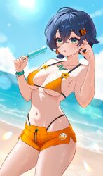 1girl absurdres aki_hoshino beach belle_(zenless_zone_zero) bikini bikini_shorts blue_eyes blue_hair breasts cowboy_shot food highres holding holding_food holding_popsicle medium_breasts ocean orange_bikini orange_shorts popsicle sand short_hair shorts solo swimsuit zenless_zone_zero