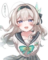 Rule 34 | 1girl, arms behind back, black hair, black hairband, blush, bow, bowtie, buttons, double-breasted, enunu 7e, firefly (honkai: star rail), firefly (spring missive) (honkai: star rail), gradient eyes, gradient hair, green bow, green bowtie, grey hair, grey sailor collar, grey skirt, hair between eyes, hair intakes, hair ribbon, hairband, highres, honkai: star rail, honkai (series), long hair, multicolored eyes, multicolored hair, open mouth, pleated skirt, purple pupils, ribbon, sailor collar, simple background, skirt, smile, solo, speech bubble, two-tone eyes, white background