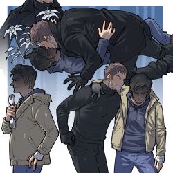 Rule 34 | 2boys, arm around shoulder, arm support, bandaged hand, bandages, black gloves, black pants, black shirt, blonde hair, blue pants, blue shirt, border, brown hair, chris redfield, closed eyes, closed mouth, commentary, couple, denim, english commentary, ethan winters, facial hair, flower, gloves, hand on another&#039;s back, highres, holding, holding wrench, jacket, jeans, kalamari, kiss, kneeling, long sleeves, lying, male focus, multiple boys, multiple views, on back, open clothes, open jacket, outside border, pants, resident evil, resident evil village, shaded face, shirt, short hair, turtleneck, white border, white flower, wrench, yaoi, yellow jacket