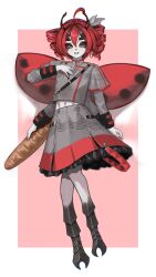 1girl absurdres ahoge arm_at_side arthropod_limbs baguette belt beri_(beribug) black_belt black_sclera black_sleeve_cuffs blue_eyes blue_nails border bow bread breasts buttons closed_eyes colored_sclera commentary commentary_request cosplay double-breasted drill_hair english_commentary extra_arms extra_eyes fingerless_gloves food full_body gloves grey_jacket grey_skirt hair_between_eyes hair_bow highres jacket kasane_teto kasane_teto_(cosplay) kasane_teto_(sv) ladybug_wings layered_skirt long_sleeves looking_at_viewer midriff_peek musical_staff musical_staff_print navel pink_background red_belt red_hair red_pupils red_skirt red_trim shoulder_belt sioell skirt smile solo striped_clothes striped_skirt synthesizer_v twin_drills utau vocaloid_boxart_pose white_border white_bow
