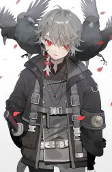 Rule 34 | 1boy, ahoge, animal, animal on shoulder, arm at side, armband, belt, bird, bird on shoulder, black jacket, black shirt, buckle, buttons, collared shirt, commentary request, cowboy shot, crow, double-breasted, gem, gradient background, grey hair, grey jacket, grey pants, grey theme, hair over one eye, hair ribbon, highres, jacket, jewelry, karo (karohroka), katana, layered clothes, long sleeves, looking at viewer, male focus, necklace, open clothes, open jacket, original, pants, parted lips, pendant, petals, red eyes, red gemstone, red ribbon, ribbon, scabbard, sheath, sheathed, shirt, simple background, snap-fit buckle, spot color, swept bangs, sword, weapon, white background, wide sleeves, wind