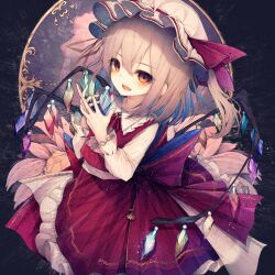 1girl :d absurdres black_ribbon blonde_hair collared_shirt cowboy_shot crystal fang flandre_scarlet flower frilled_shirt_collar frills hashtag-only_commentary hat hat_ribbon highres hito_komoru long_hair long_sleeves looking_at_viewer mob_cap neck_ribbon open_mouth red_ribbon red_skirt red_vest ribbon second-party_source shirt skin_fang skirt smile solo touhou vest white_flower white_hat white_shirt wings