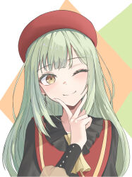 1girl ;) absurdres bang_dream! bang_dream!_it&#039;s_mygo!!!!! brown_eyes earrings green_hair hat highres jewelry long_hair looking_at_viewer mortis_(bang_dream!) mortis_(costume)_(bang_dream!) one_eye_closed red_hat smile solo straight_hair upper_body user_nzzk7353 wakaba_mutsumi