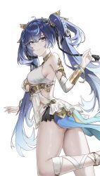 Rule 34 | 1girl, a-chuang, absurdres, ancient greek clothes, armpit crease, bare shoulders, black skirt, blue eyes, blue hair, breasts, closed mouth, commentary, from behind, gold bra, greco-roman clothes, hand up, head wreath, highres, iuno (wuthering waves), light smile, long hair, looking at viewer, medium breasts, miniskirt, simple background, skirt, smile, solo, thighs, twintails, twisted torso, underboob, very long hair, white background, wuthering waves
