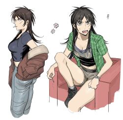 1girl breasts brown_hair cigarette cleavage dice genderswap genderswap_(mtf) highres holding holding_cigarette itou_kaiji kaiji large_breasts long_hair messy_hair navel scar scar_on_face short_shorts shorts simple_background smoking tongue tongue_out venus_symbol white_background yumei_(jigoku101)