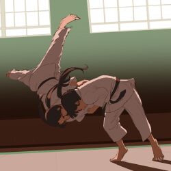 2girls 55bata6rou amane_erika backlighting barefoot belt black_belt black_hair closed_eyes dougi floating_hair full_body gym highres hiura_towa judo karate_gi long_hair martial_arts_belt mou_ippon! multiple_girls pants ponytail shirt smear_frame standing sweat throwing throwing_person twintails upside-down white_pants white_shirt window