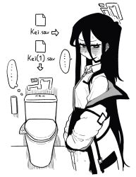 ... 1girl asahina_yoshitoshi blue_archive blush character_name embarrassed halo highres kei_(blue_archive) long_hair toilet toilet_paper very_long_hair