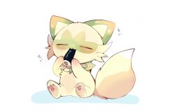 Rule 34 | animal focus, cat, closed eyes, commentary request, eating, food, green fur, highres, holding, holding food, nintendo, no humans, pawpads, pokemon, pokemon (creature), pokemon focus, simple background, sitting, sprigatito, tail, translation request, white background, yupo 0322
