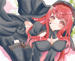 1girl all_fours backless_dress backless_outfit black_dress breasts cleavage closed_mouth dress facial_mark fire_emblem fire_emblem_engage hair_ornament kneeling large_breasts long_hair nintendo red_eyes red_hair rein_rise smile solo star_(symbol) star_facial_mark star_hair_ornament thighhighs yunaka_(fire_emblem)