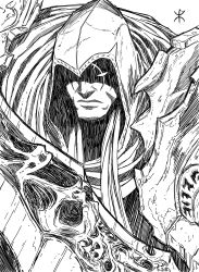 apoloniodraws armor darksiders greyscale highres hood lineart looking_at_viewer monochrome scar scar_across_eye scar_on_face scarf scythe signature skull weapon