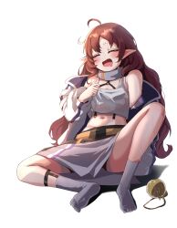 1girl absurdres ahoge arknights bare_shoulders blush brown_hair closed_eyes crop_top drooling ear_piercing full_body grey_socks grey_tank_top highres hot kneehighs long_hair midriff mouth_drool myrtle_(arknights) navel no_shoes open_mouth piercing pointy_ears simple_background singwee sitting sleeveless socks soles solo sweat tank_top white_background