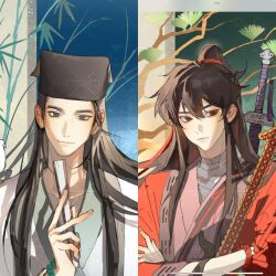 2boys absurdres animal animal_on_shoulder bamboo bandaged_neck bandages bead_bracelet beads bird bird_on_shoulder bishounen black_hair black_hanfu black_hat bracelet branch brown_hair chinese_clothes chinese_commentary closed_mouth coat coin coin_sword crossed_arms dao_gui_yi_xian folded_fan folding_fan grey_eyes hair_ribbon half_updo hand_fan hanfu hat high_ponytail highres holding holding_fan holding_sword holding_weapon holed_coin jewelry jin_(headwear) leaf li_huowang long_hair long_sleeves looking_at_viewer male_focus multiple_boys ponytail red_coat red_eyes red_ribbon ribbon sidelocks smile sword sword_on_back sword_tassel tassel tree upper_body watermark weapon weapon_on_back white_coat white_hanfu wo_zhen_fule zhouzi_jin_(headwear) zhuge_yuan
