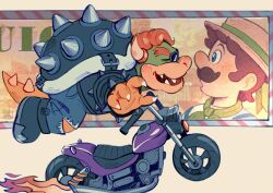 Rule 34 | 2boys, armlet, blush, bowser, bowser (biker), bracelet, brown hair, character name, claws, commentary, derivative work, didy414, english commentary, facing to the side, fangs, fire, green neckerchief, hat, highres, horns, jewelry, looking at another, luigi, luigi (gondolier), mario (series), mario kart, mario kart world, motor vehicle, motorcycle, multiple boys, neckerchief, nintendo, open mouth, shirt, smile, spiked armlet, spiked bracelet, spiked shell, spiked tail, spikes, striped clothes, striped shirt, sunglasses, surprised, tail
