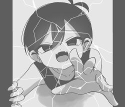 1boy antenna_hair black_eyes black_hair black_tank_top collarbone colored_skin fangs greyscale kiimorisame looking_at_viewer male_focus monochrome omori open_mouth shattered shattered_omori_(omori) short_hair skin_fangs solo tank_top tongue white_skin