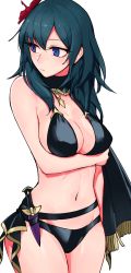 1girl bad_id bad_pixiv_id bare_arms bare_shoulders bikini black_bikini blue_eyes blue_hair breasts female_byleth_(fire_emblem) female_byleth_(summer)_(fire_emblem) commentary_request cowboy_shot dagger fire_emblem fire_emblem:_three_houses fire_emblem_heroes flower groin hair_between_eyes hair_flower hair_ornament hattori_(omegamega1001) knife large_breasts long_hair looking_to_the_side navel nintendo official_alternate_costume partial_commentary red_flower sheath sheathed simple_background solo standing stomach swimsuit weapon white_background