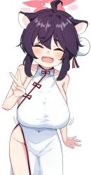1girl :d ahoge animal_ears blue_archive breasts china_dress chinese_clothes closed_eyes dress halo highres huge_breasts kaede_(blue_archive) large_breasts machismo_fuji open_mouth oppai_loli pelvic_curtain sagging_breasts short_hair sideboob sidelocks simple_background smile solo v white_background