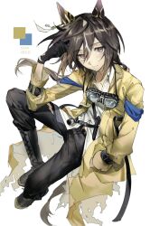 1girl animal_ears black_boots black_gloves black_hair black_pants boots brown_eyes brown_hair character_name closed_mouth coat collared_shirt gloves goggles goggles_around_neck hair_between_eyes hand_in_pocket highres horse_ears horse_girl horse_tail knee_boots long_sleeves looking_at_viewer multicolored_hair pants saibeo_tomato shirt simple_background solo stay_gold_(umamusume) streaked_hair tail torn_clothes torn_coat umamusume white_background white_shirt yellow_coat