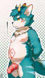 ... 1boy absurdres animal_ear_fluff animal_ears arms_behind_back artist_name bare_pectorals belly biceps blue_fur blue_hair blush closed_mouth commentary_request completely_nude dated dragon_boy dragon_horns eastern_dragon_tail erection fat fat_man furry furry_male highres horns kantos_(xxl) korean_commentary looking_to_the_side male_focus navel nipples nude pectorals penis shota sweatdrop t_cho xxl_woofia