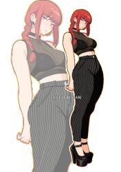 Rule 34 | 1girl, alt text, arms behind back, black choker, black pants, breasts, celebelian, chainsaw man, choker, commentary, earrings, english commentary, full body, high-waist pants, high heels, highres, hoop earrings, jewelry, large breasts, long hair, looking at viewer, makima (chainsaw man), pants, red hair, simple background, solo, standing, white background, yellow eyes, zoom layer
