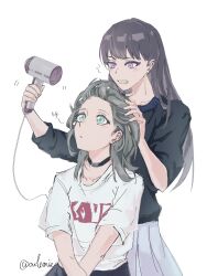 2girls bang_dream! bang_dream!_it&#039;s_mygo!!!!! black_choker black_hair black_shirt blue_eyes blue_skirt blush brown_hair chinese_commentary choker commentary drying drying_another&#039;s_hair drying_hair hair_dryer hand_on_another&#039;s_head highres holding holding_hair_dryer long_hair mole mole_under_eye multiple_girls open_mouth ouou10267778 parted_lips purple_eyes shiina_taki shirt short_sleeves simple_background skirt white_background white_shirt yahata_umiri