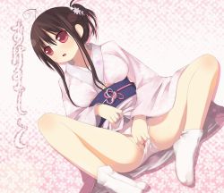 1girl animated animated_gif arima_senne brown_hair clothes_lift clothing_aside female_focus fingering japanese_clothes kashiwamochi_yomogi kimono kimono_lift masturbation no_eyewear original panties panties_aside pussy red_eyes socks solo tabi uncensored underwear
