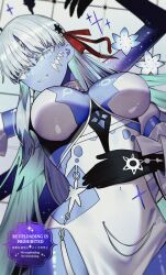 1girl bare_shoulders blue_eyes blue_skin breasts cleavage collar colored_skin dress extra_arms fate/grand_order fate_(series) flower grin hair_ribbon highres jewelry kabosoi_mangaka kali_(fate) kali_(fgo_fes._2025)_(fate) large_breasts long_hair looking_at_viewer metal_collar ribbon smile solo third_eye very_long_hair white_dress white_hair