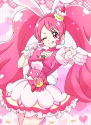1girl ;q animal_ears anime_coloring big_hair bow bowtie buttons cake choker closed_mouth collarbone commentary corset cowboy_shot cure_whip dot_nose dress earrings eyelashes finger_to_cheek floppy_ears food food-themed_clothes food-themed_hair_ornament food_print frilled_skirt frills fruit fruit_print gloves hair_ornament hairband happy heart heart_background heart_print highres jewelry kirakira_precure_a_la_mode light_blush long_hair looking_at_viewer magical_girl miniskirt momotarouooi one_eye_closed open_clothes open_vest outstretched_arm pink_background pink_bag pink_bow pink_bowtie pink_choker pink_corset pink_eyes pink_gloves pink_hair pink_hairband pink_theme pink_vest pointing pointing_at_viewer pom_pom_(clothes) pom_pom_earrings precure rabbit_ears rabbit_girl rabbit_tail short_dress skirt skirt_under_dress smile solo square_neckline standing strawberry strawberry_brooch strawberry_print strawberry_shortcake striped_background tail tareme tongue tongue_out twintails two-tone_bag usami_ichika vertical-striped_background very_long_hair vest waist_bag waist_bow wavy_hair white_dress yellow_bag yellow_skirt