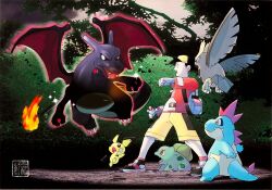 1boy alternate_color backwards_hat bag baseball_cap blush_stickers bulbasaur charizard croconaw ethan_(pokemon) fire flame-tipped_tail gen_1_pokemon gen_2_pokemon hat nintendo noctowl official_art pichu poke_ball poke_ball_(basic) pokemon pokemon_(creature) shiny_pokemon sugimori_ken tail third-party_source