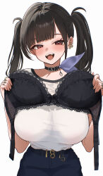 Rule 34 | 1girl, absurdres, asymmetrical bangs, black bra, black choker, black hair, bra, breasts, choker, goddess of victory: nikke, heart, heart-shaped pupils, highres, huge breasts, ni tamago sando, open mouth, shirt, solo, sora (nikke), symbol-shaped pupils, twintails, underwear, unworn bra, white background, white shirt