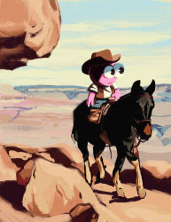 1boy boots brown_boots canyon colored_skin corpsings cowboy_hat denim hat highres horse horseback_riding jeans outdoors pants pim_pimling pink_skin riding saddle shirt smiling_friends solo white_shirt
