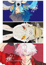 1girl 2boys artist_name black_hair coat cup dante_(devil_may_cry) devil_may_cry_(netflix) devil_may_cry_(series) furry furry_male green_eyes gun heterochromia highres holding holding_cup holding_gun holding_weapon lady_(devil_may_cry) monocle multiple_boys red_coat red_eyes roti_strawberi sword sword_on_back teacup weapon weapon_on_back white_fur white_hair white_rabbit_(devil_may_cry) yellow_eyes