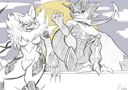 Rule 34 | 1boy, 1girl, cape, claws, closed eyes, digimon, gulusgammamon, highres, meicrackmon vicious mode, sharp teeth, tail, teeth