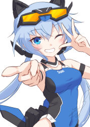 1girl absurdres blue_eyes blue_hair blue_one-piece_swimsuit blush breasts competition_swimsuit finger_gun frame_arms_girl goggles goggles_on_head highres long_hair looking_at_viewer low_twintails medium_breasts one-piece_swimsuit one_eye_closed pointing pointing_at_viewer signature simple_background smile soanote solo stylet swimsuit teeth twintails white_background