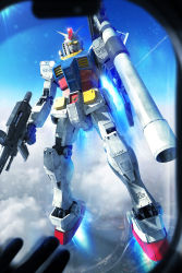 3d absurdres aircraft bazooka_(gundam) beam_rifle cloud commentary contrail earth_federation energy_gun english_commentary english_text engrish_commentary flying glowing glowing_eyes gundam highres insignia lens_flare light_rays logo looking_at_viewer machinery mecha michaellee4 mobile_suit mobile_suit_gundam realistic robot roundel rx-78-2_gundam science_fiction sky sun thrusters weapon window