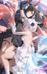 2girls \||/ absurdres animal_ear_fluff animal_ears back black_dress black_flower black_hair black_rose black_socks blue_eyes breasts cleavage colored_eyelashes colored_inner_hair detached_sleeves dress flower hair_flower hair_ornament highres korean_commentary long_hair looking_at_viewer lying multicolored_hair multiple_girls pink_hair red_eyes riichi_city rose short_hair sideboob small_breasts socks thigh_strap thighs two-tone_hair white_dress white_eyelashes white_flower white_hair white_rose white_socks yo_owl