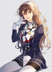 1girl ashigara_(kancolle) ashigara_kai_ni_(kancolle) belt belt_buckle black_belt black_skirt brown_eyes brown_hair buckle gloves hair_between_eyes hairband highres jacket juliet_sleeves kantai_collection kasumi_(skchkko) long_hair long_sleeves military military_uniform open_mouth pantyhose pencil_skirt puffy_sleeves purple_jacket skirt smile solo white_gloves white_hairband white_pantyhose