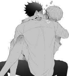2boys ^^^ anal_fluid blush bottomless breath closed_eyes feet_out_of_frame fingernails glasses haikyuu!! hand_on_another&#039;s_shoulder implied_fingering kiss kuroo_tetsurou long_sleeves male_focus multiple_boys pants shirt shirt_partially_removed short_hair short_sideburns shoulder_blush simple_background sitting sitting_on_lap sitting_on_person speech_bubble sweat trembling tsukishima_kei white_background yaoi ynk_vv