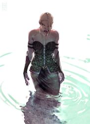 1girl alternate_hairstyle asajj_ventress asymmetrical_hair bare_shoulders black_dress blonde_hair bloodbroox blue_eyes dress eater highres may_the_4th short_hair sidecut solo standing star_wars strapless strapless_dress undercut wet